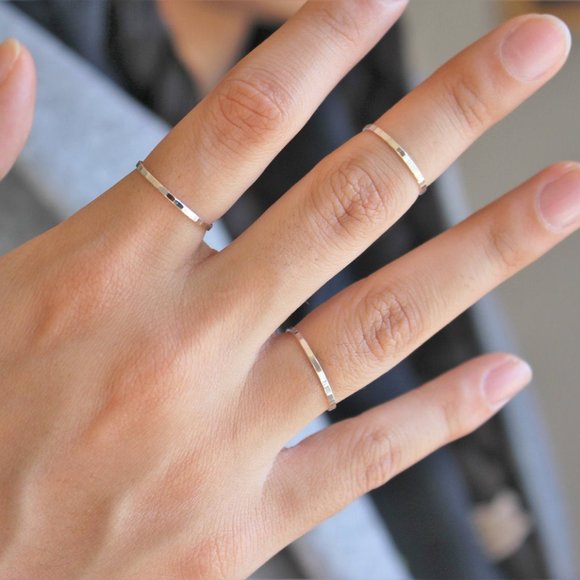 Thin Hammered Sterling Silver Stacking Ring - Picture 2 of 3